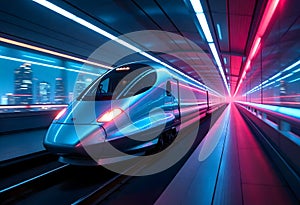 Create a photorealistic image of a sleek, silver high-speed train traversing a pristine, snow-covered landscape