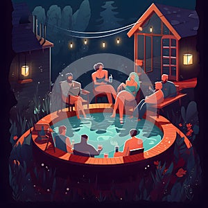 Create a picture of a group of friends enjoying a hot tub generative AI