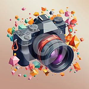 Create Retro-style Isometric Image Of 3 Holding Sony A7 Camera With Stickers And Bokeh