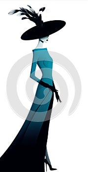 Create Tex Avery-style Image Of Christy Turlington In Blue Dress And Feathered Hat