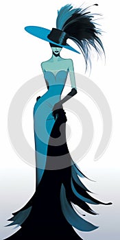 Create Tex Avery-style Image Of Christy Turlington In Blue Dress And Feathered Hat