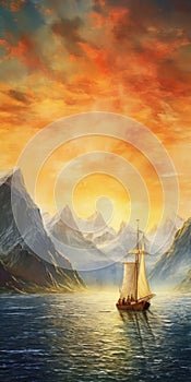 Create A Tundra Painting Of A Boat Sailed To The Horizon At Sunset photo
