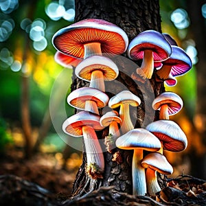 Create Variant Expand Image open Publish Close up beautiful bunch mushrooms color light in the tree background texture.