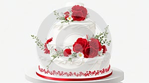 Create a vector illustration of a white and red wedding cake with floral decorations