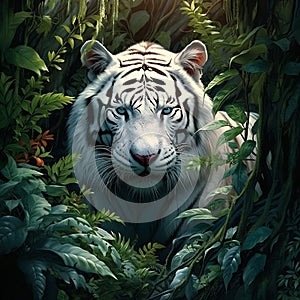 Create a vivid image of a majestic white tiger prowling through a dense jungle by AI generated