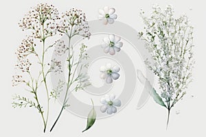 About Watercolor Gypsophila Babys Breath Flower Floral Clipart, Isolated on White Background.