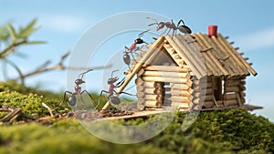 Create a whimsical and humorous image of a group of ants building a miniature house