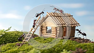 Create a whimsical and humorous image of a group of ants building a miniature house