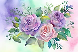 Create a whimsical and playful watercolor painting of a bouquet of purple roses
