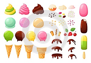 Create your own ice cream. Sundae constructor with different flavours, waffle cone, chocolate topping, sprinkles and