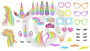 Create your own unicorn - big vector collection. Unicorn constructor. Cute unicorn face. Unicorn details - Horhs, eyelashes, ears