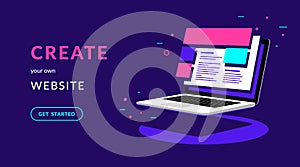 Create your own website flat vector neon illustration for web banner with text