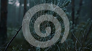 Close-up of spider webs adorned with morning dew in soft natural light photo