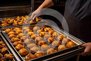 A baker pulling a tray of freshly baked pastries out of the oven, with a golden-brown crust and enticing aroma. Generative AI