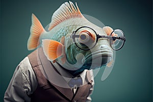 Created with Generative AI technology. Animal fish scientist making tests in lab inventing innovation