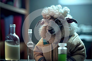 Created with Generative AI technology. Animal sheep scientist making tests in lab inventing