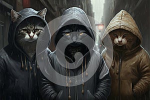 Created with Generative AI technology. Cat gang on street.