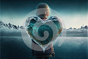 Created with Generative AI technology. Child standing alone near huge icy heart.