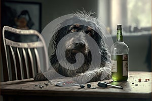 Created with Generative AI technology. drunk dog sitting alone at the table with empty bottle.