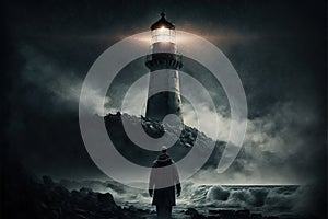 Created with Generative AI technology. Man going to a lighthouse at storm.