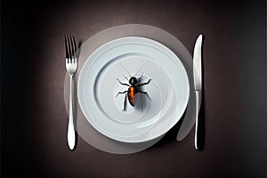 Created with Generative AI technology. Top view, eating a cockroach. Cockroach in a white plate with knife and fork.