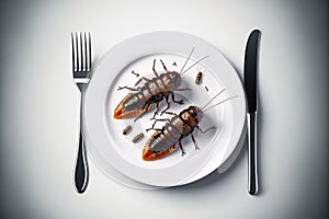 Created with Generative AI technologyTop view, eating a cockroach. Cockroach in a white plate with knife and fork.