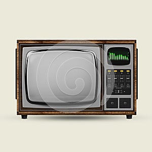 Created model of retro tv set with blank grey screen isolated over white background. Vintage, fashion cycle, mockup for