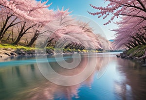 Blossoming Spring: Cherry Blossoms by a Crystal-Clear River photo