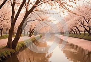 Enchanting Spring: Cherry Blossoms Flanking a Crystal-Clear River photo