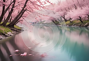 Springtime Beauty: Cherry Blossoms Along a Crystal-Clear River photo