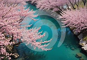 Spring Splendor: Cherry Blossoms Adorning a Crystal-Clear River photo