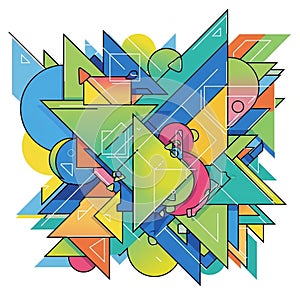 Creates a dynamic layered effect with various shapes intersecting and