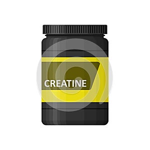 Creatine bottle isolated on white background. Sports nutrition icon container package, fitness supplements. Bodybuilding