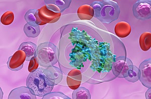 Creatine Kinase brain type enzyme (CK-BB) in the blood flow - closeup view 3d illustration