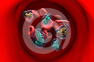 Creatine Kinase muscle type and brain type enzyme in the blood flow - section view 3d illustration