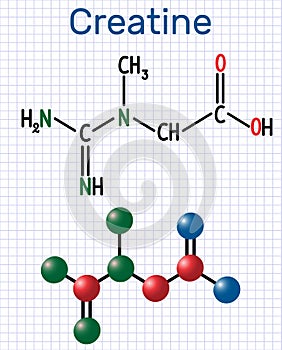 Creatine molecule. Structural chemical formula and molecule mode