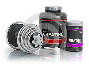 Creatine powder with scoop and dumbbell.Bodybuilder nutritionsu