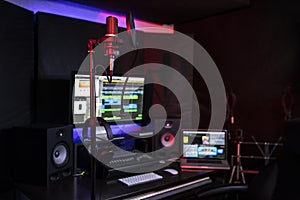 Creating a brand-new songs and tracks for DJ, compositor, radio. Record studio with microphone, recording program