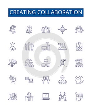 Creating collaboration line icons signs set. Design collection of Cooperating, Uniting, Pooling, Teaming, Synchronizing