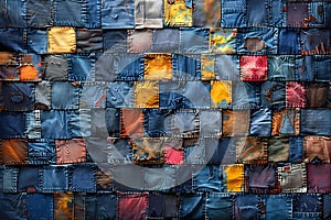 Creating a distinctive denim patchwork quilt from repurposed scraps: a homemade design endeavor.