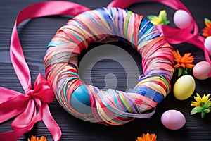 creating easter egg wreath with colorful ribbons