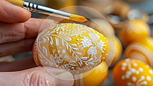 Creating elaborate designs on a vibrant yellow eggshell using a fine brush for artistic patterns