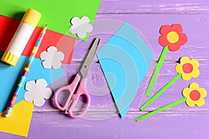 Creating paper crafts for mother`s day or birthday. Step. Guide. Details to making a paper bouquet for mommy