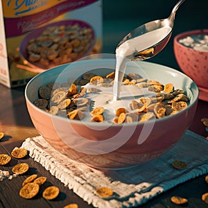 Dry cornflakes in a bowl with milk AI generated