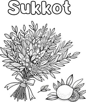 Creating a Sukkah coloring page. Holiday symbols, etrog, lulav, myrtle, willow.