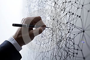 Creating a virtual digital network with colorful data nodes and binary code with a pen.