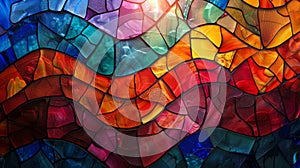 Creating a visually stunning artwork, an intricate mosaic of stained glass pieces features a vibrant spectrum of red, orange, blue