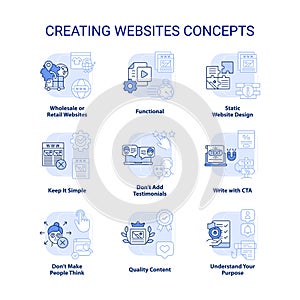 Creating websites light blue concept icons set