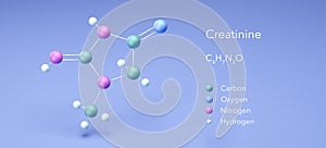 Creatinine. molecular structures, 3d rendering, Structural Chemical Formula and Atoms with Color Coding