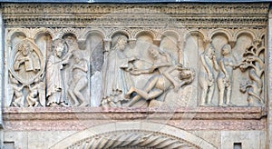 Creation Of Adam and Eve, Temptation relief by Wiligelmo, Modena Cathedral